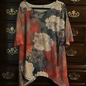 Floral Print Women's Top - Red and Gray